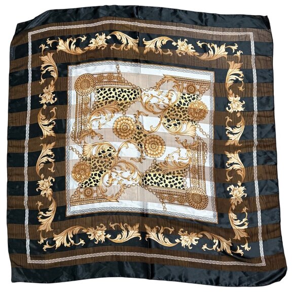 Vintage Baroque Leopard Floral Gold/Black Square Scarf Satin/Sheer Stripes - Picture 1 of 4